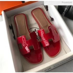 Hermes Patent Calfskin Leather Oran H Flat Slipper Sandals Deep Red (MD-20040112)