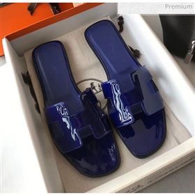 Hermes Patent Calfskin Leather Oran H Flat Slipper Sandals Electric Blue 02 (MD-20040116)