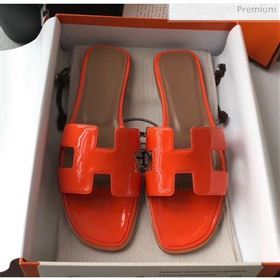 Hermes Patent Calfskin Leather Oran H Flat Slipper Sandals Orange 02 (MD-20040118)