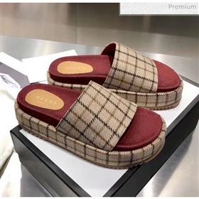 Gucci Plaid Canvas Platform Slide Sandal 573018 Beige 2019 (MD-20033118)