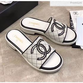 Chanel CC Quilted Flat Slide Sandals White/Black 2020 (MD-20033127)