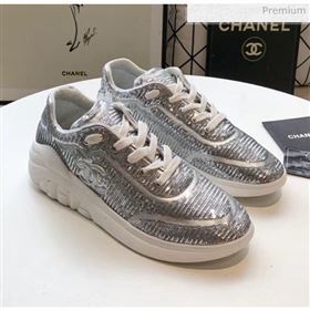 Chanel CC Logo Sequins &amp; Leather Sneakers G35936 Silver 2020 (MD-20033129)