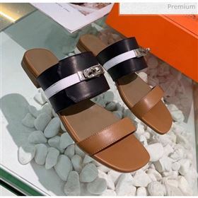 Hermes Calfskin Avenue Sandal Black/Brown/White 2020 (MD-20040127)