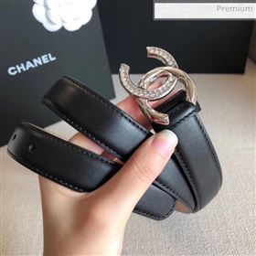 chaneI Width 2.5cm Smooth Calfskin Belt With Crystal CC Buckle Black 2020 (99-20040813)