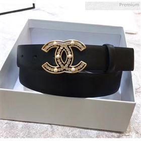 Chanel Width 3cm Calfskin Belt With Crystal Pearl CC Buckle Black 2020 (99-20040807)