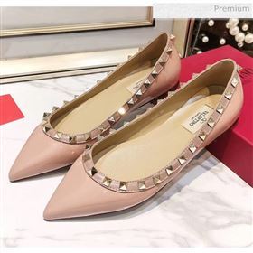 Valentino Rockstud Flat Ballerina in Patent Calfskin Pink (XL-20041429)