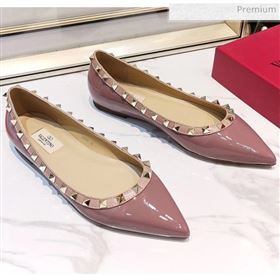 Valentino Rockstud Flat Ballerina in Patent Calfskin Pink 02  (XL-20041431)