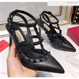 Valentino Smooth Leather Rockstud Ankle Strap With 9.5cm Heel All Black (3015-20041534)