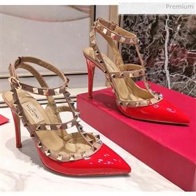 Valentino Patent Calfskin Rockstud Ankle Strap With 9.5cm Heel Red (3015-20041542)