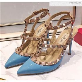 Valentino Patent Calfskin Rockstud Ankle Strap With 9.5cm Heel Blue (3015-20041547)