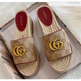 Gucci GG Matelassé Canvas Espadrille Sandal With Cord platform Beige/Burgundy 2020 (HB-20041408)