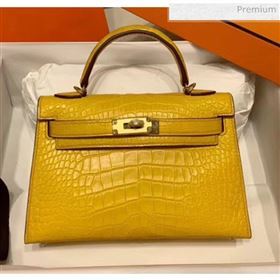 Hermes Mini Kelly II Handbag in Real Alligator Leather Yellow (Handmade) (AQ-20042114)