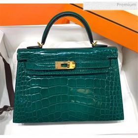 Hermes Mini Kelly II Handbag in Glossy Real Alligator Leather Cyan (Handmade) (AQ-20042108)