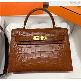 Hermes Mini Kelly II Handbag in Real Alligator Leather Brown (Handmade) (AQ-20042115)