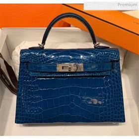 Hermes Mini Kelly II Handbag in Glossy Real Alligator Leather Blue (Handmade) (AQH-20042101)