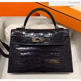 Hermes Mini Kelly II Handbag in Glossy Real Alligator Leather Deep Grey (Handmade) (AQ-20042102)