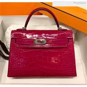 Hermes Mini Kelly II Handbag in Glossy Real Alligator Leather Rosy (Handmade) (AQ-20042104)