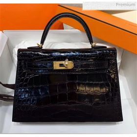 Hermes Mini Kelly II Handbag in Glossy Real Alligator Leather Black (Handmade) (AQ-20042109)