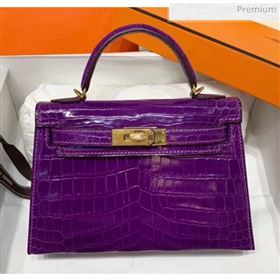 Hermes Mini Kelly II Handbag in Glossy Real Alligator Leather Purple (Handmade) (AQ-20042110)