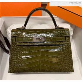 Hermes Mini Kelly II Handbag in Glossy Real Alligator Leather Army Green (Handmade) (AQ-20042112)