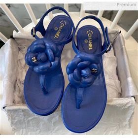 Chanel Lambskin Classic Camellia Thong Sandals Blue 2020 (NH-20042303)