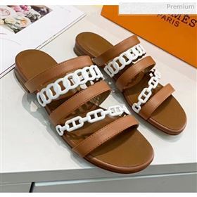 Hermes Leather &quot;Chaine dAncre&quot; Straps Slipper Sandal Brown/White 2020 (ME-20042055)