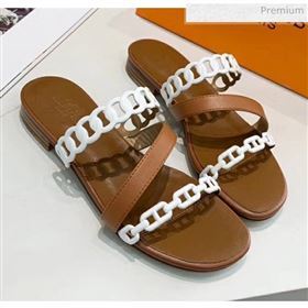 Hermes Leather &quot;Chaine dAncre&quot; Straps Ajaccio Slipper Sandal Brown/White 2020 (ME-20042059)