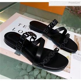 Hermes Leather &quot;Chaine dAncre&quot; Straps Ajaccio Slipper Sandal Black 2020 (ME-20042062)