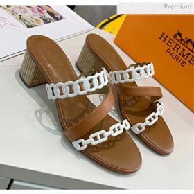 Hermes Leather &quot;Chaine dAncre&quot; Straps Ajaccio Sandal With 5cm Heel Brown/White 2020 (ME-20042067)