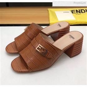 Fendi Crocodile Pattern Calfskin Promenade Slides Sandals With 6cm Heel Brown 2020 (MD-20042320)