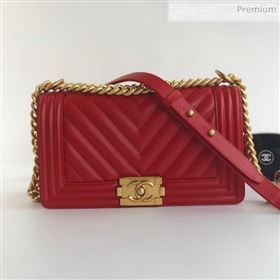 Chanel Grained Chevron Calfskin Medium Boy Flap Bag Red 2020 (YD-0022107)