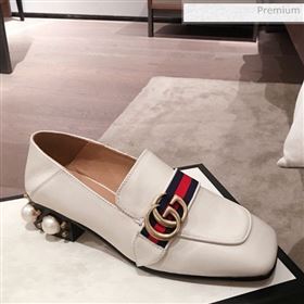 Gucci Leather GG Buckle Pearl Low-heel Loafers 423559 White 2020 (KL-0022515)