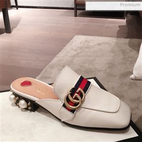 Gucci Leather GG Buckle Pearl Slippers Mules 423694 White 2020 (KL-0022519)