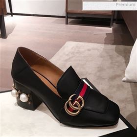 Gucci Leather GG Buckle Pearl Mid-heel Loafers Pumps 423559 Black 2020 (KL-0022518)