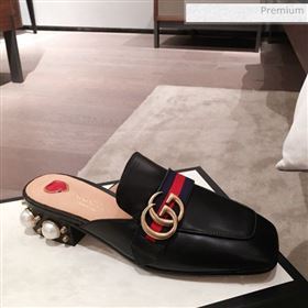 Gucci Leather GG Buckle Pearl Slippers Mules 423694 Black 2020 (KL-0022520)