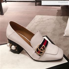 Gucci Leather GG Buckle Pearl Mid-heel Loafers Pumps 423559 White 2020 (KL-0022517)