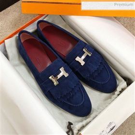 Hermes Royal Fringe Suede Flat Loafers Blue 2020 (MD-0030718)