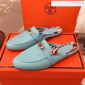 Hermes Classic Kelly Calfskin Flat Mules Blue 2020 (KL-200313011)