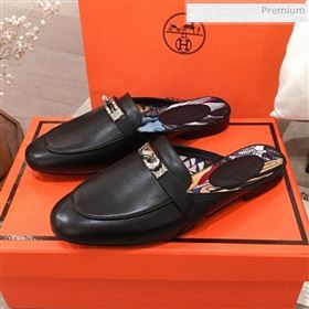 Hermes Classic Kelly Calfskin Flat Mules Black 2020 (KL-20031307)