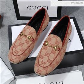 Gucci Jordaan Horsebit GG Canvas Flat Loafers Beige/Brick Red 2020 (MD-200313013)