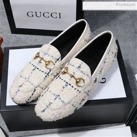 Gucci Jordaan Horsebit Tweed Flat Loafers White 2020 (MD-200313017)