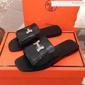 Hermes Auteuil Calfskin Fringe Flat Slide Sandal Black 2020 (KL-20031408)