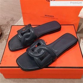 Hermes Aloha Calfskin Fringe Flat Slide Sandal Navy Blue 2020 (KL-20031414)