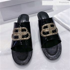Balenciaga Oval BB Patent Leather Heel Mules Slide Sandal Black/Gold 2020 (DLH-20031432)