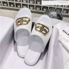 Balenciaga Oval BB Calfskin Flat Mules Slide Sandal White/Gold 2020 (DLY-20031420)