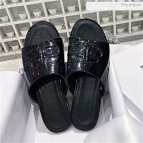Balenciaga Oval BB Patent Leather Flat Mules Slide Sandal All Black 2020 (DLY-20031429)