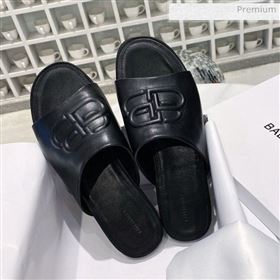 Balenciaga Oval BB Calfskin Flat Mules Slide Sandal All Black 2020 (DLY-20031427)