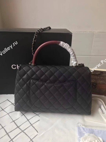 Chanel Classic Red Top Handle Bag Black Original Leather A92292 Silver