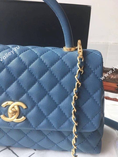 Chanel Classic Top Handle Bag Blue Original Leather A92292 Gold