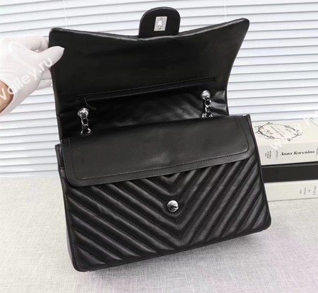 Chanel Maxi Classic Flap Bag Black Chevron Sheepskin Leather A58601 Silver